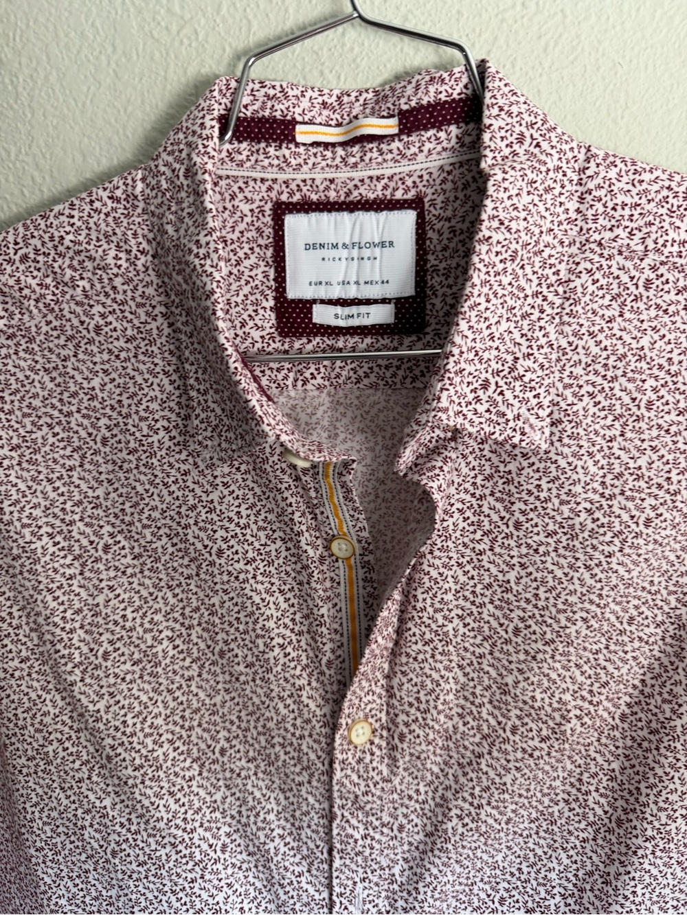 Denim & Flower Men's Slim Fit White Shirt with Burgundy Micro Floral Print
